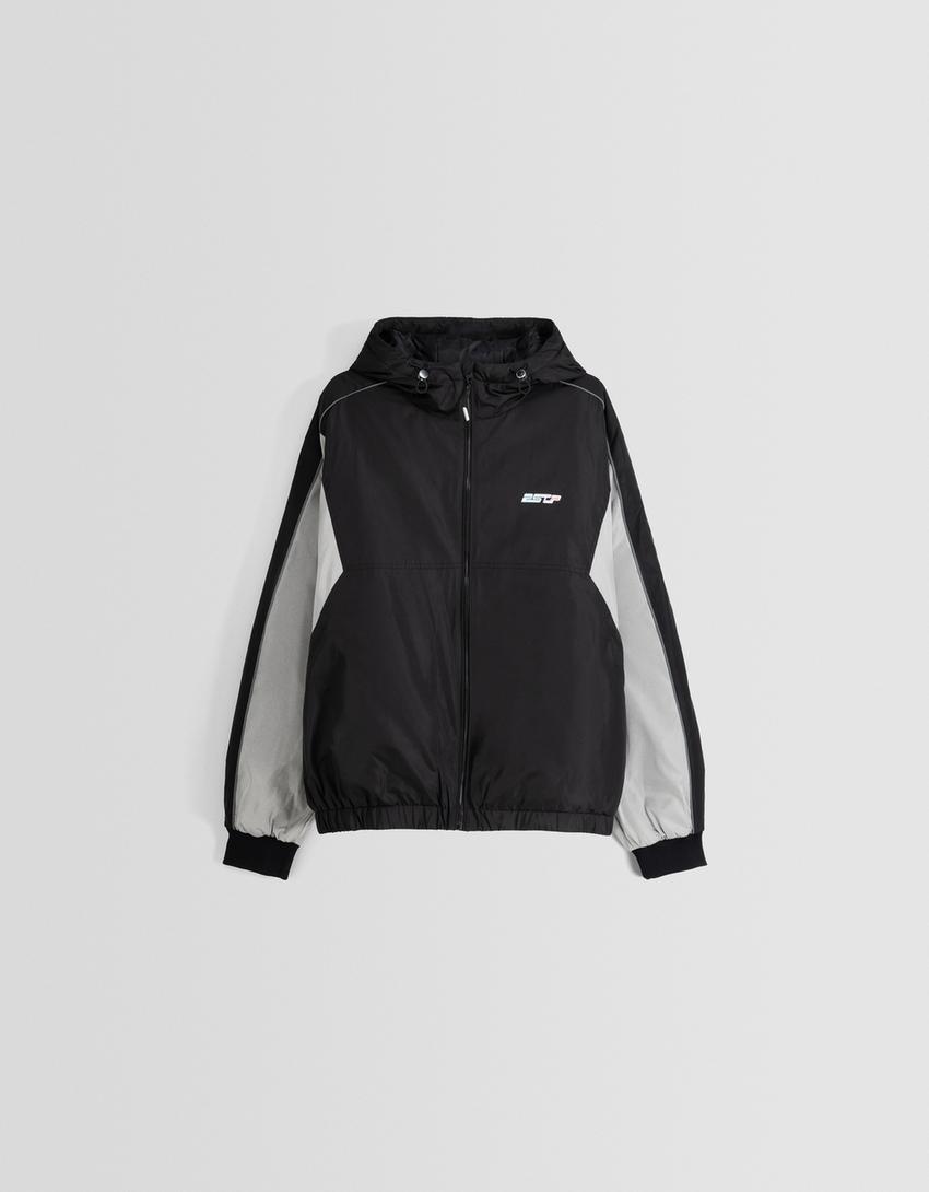 جاكيت تقني بكتل لونية وغطاء رأس-رمادي داكن-4