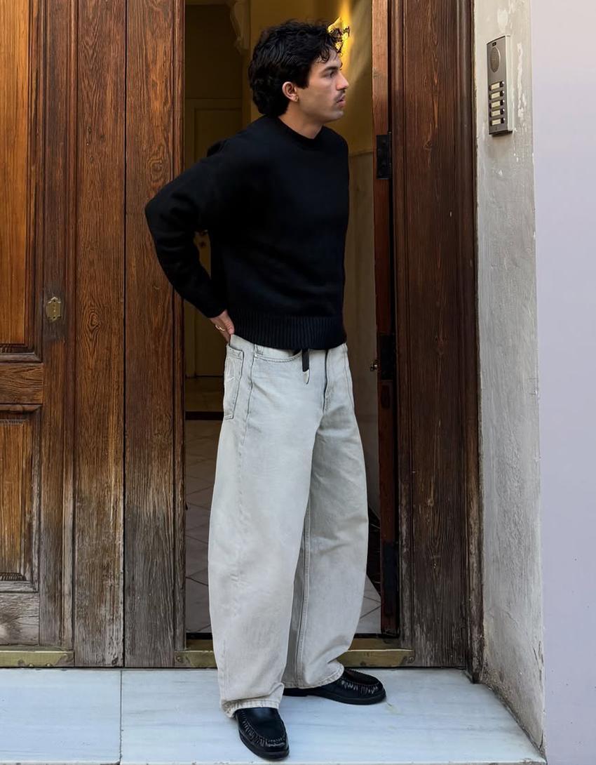 Jeans barrel fit brodé-Bleu clair