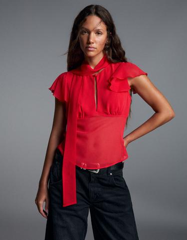 Fitted short sleeve frill shirt — Red 1