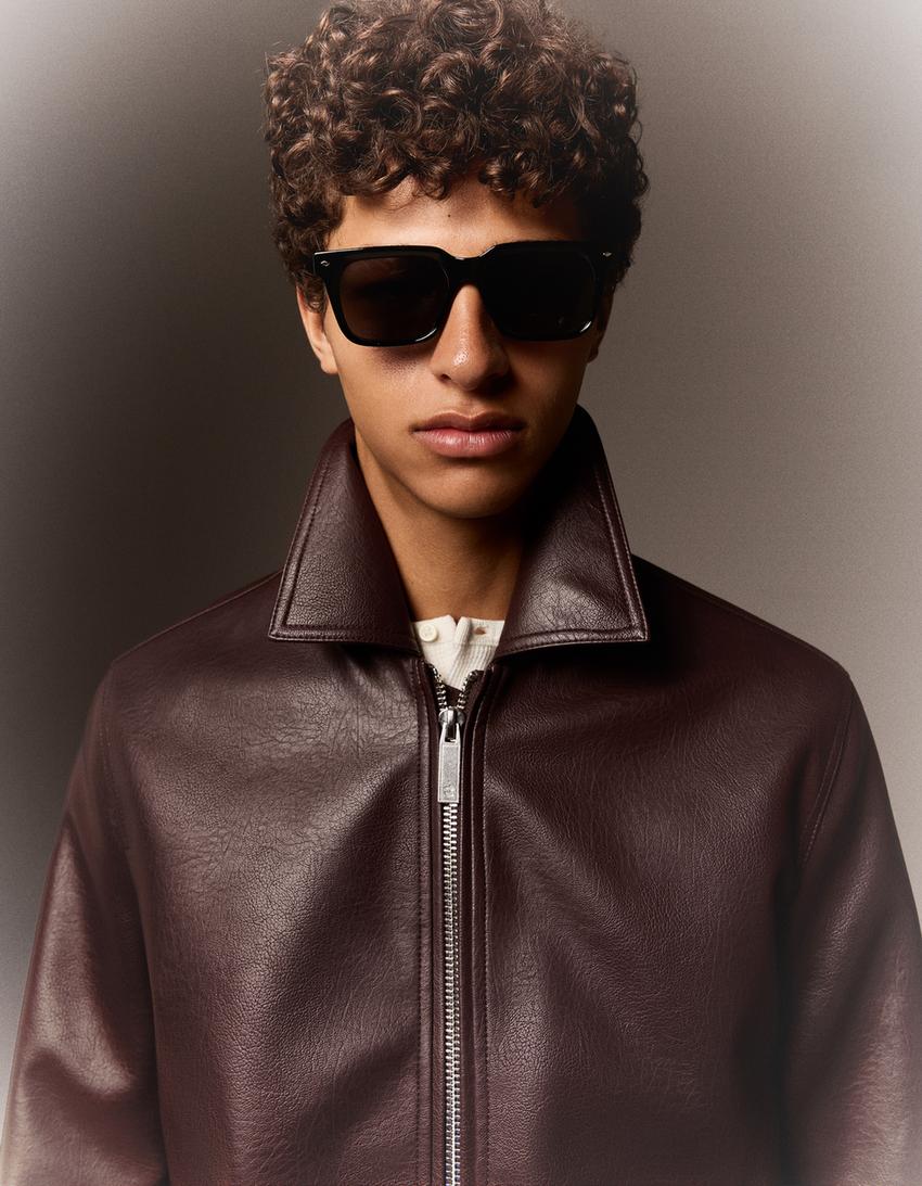 Boxy leather effect jacket-Burgundy