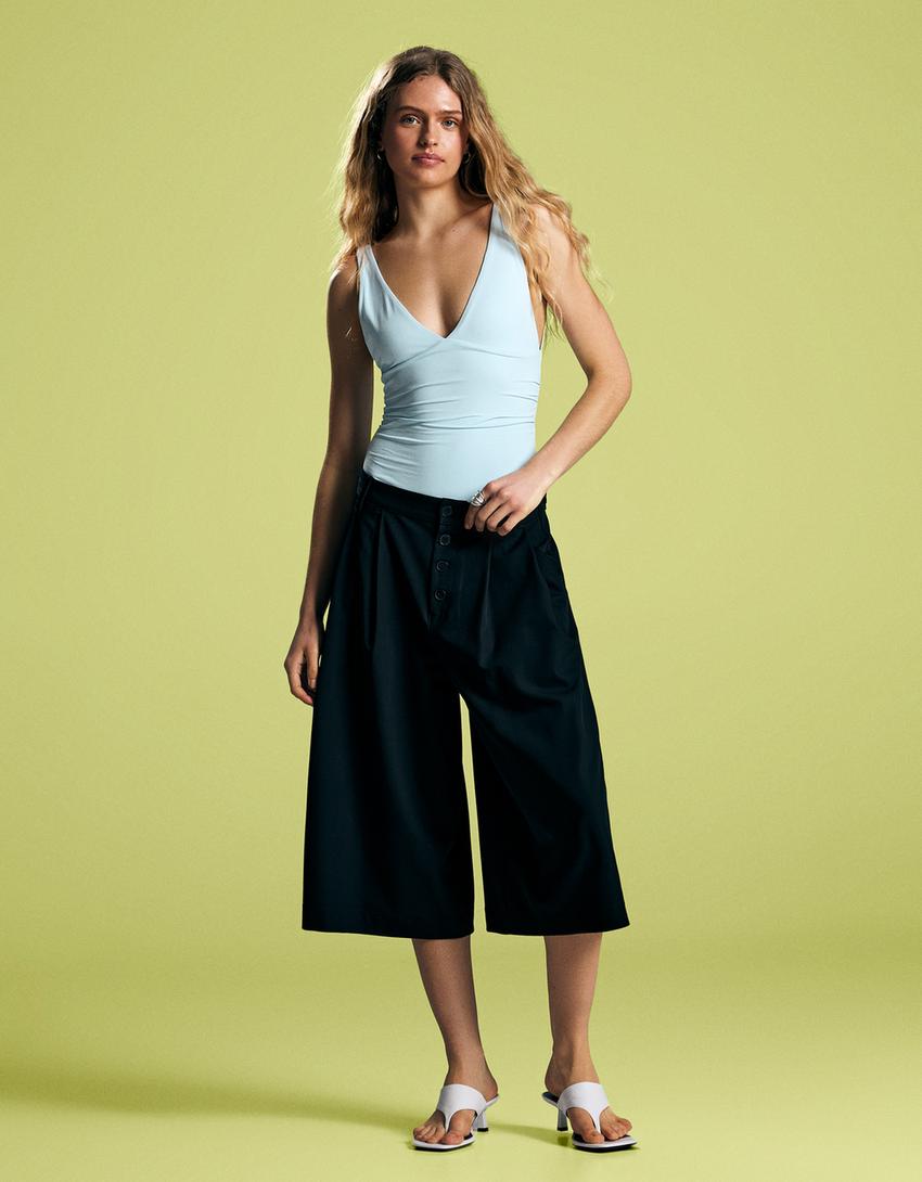 Strappy shirred bodysuit-Light blue