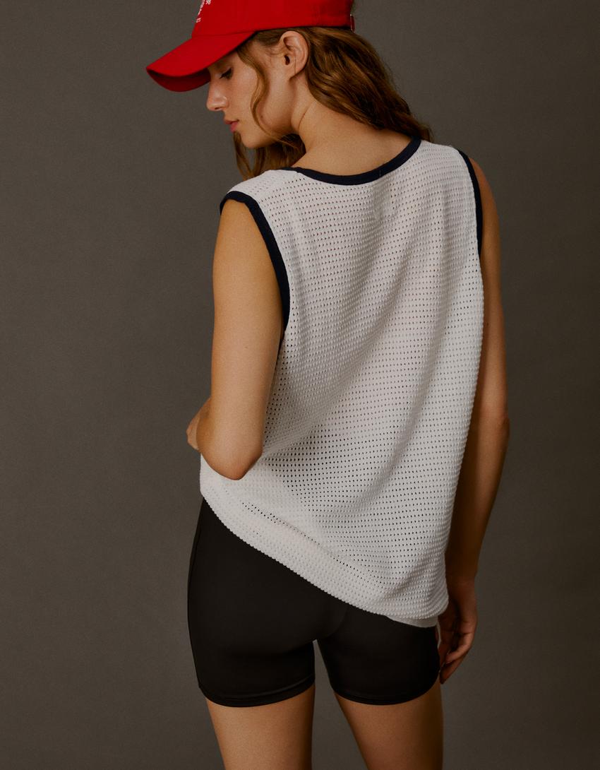 Mouwloze top van mesh met contrastdetail-Gebroken Wit