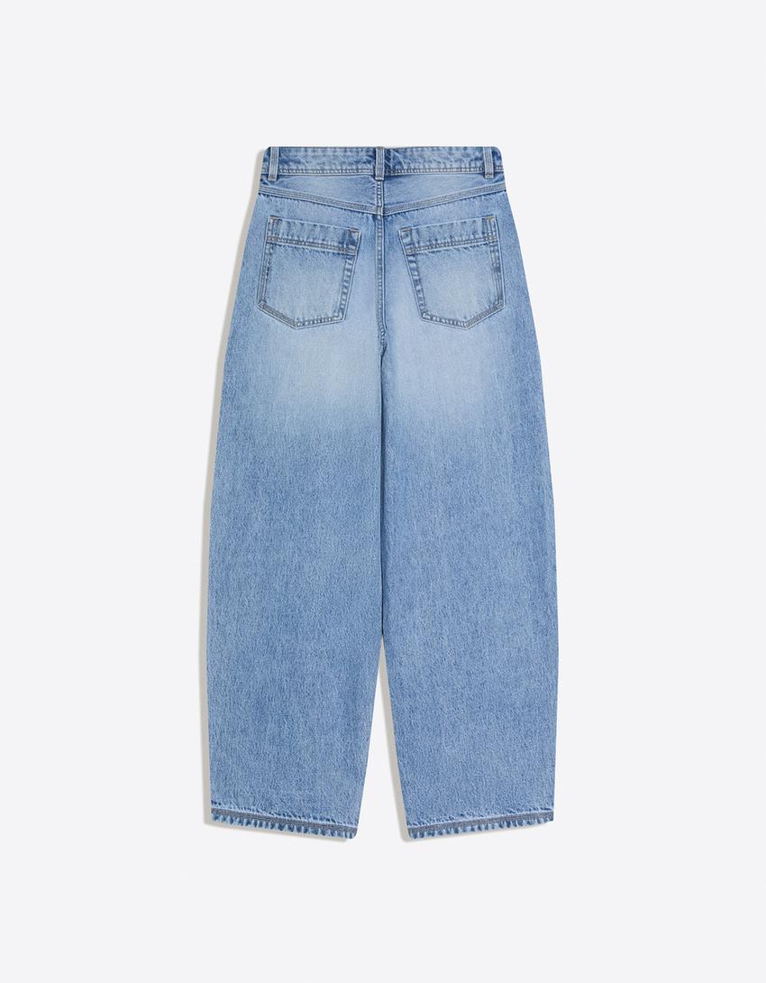 Düşük bel düğmeli wide leg barrel jean-Açık mavi