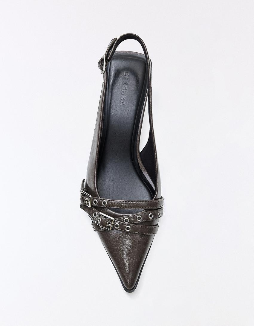 Escarpins kitten heel ouverts à boucles-Gris