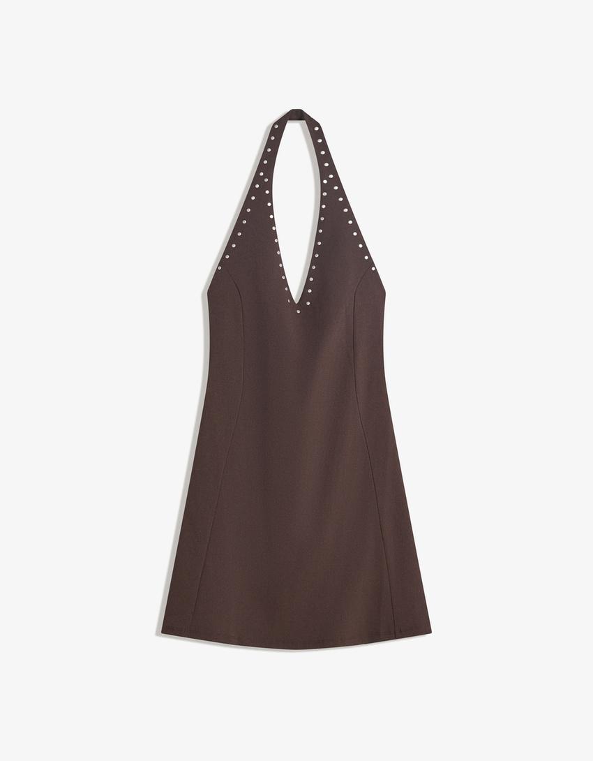 Vestito mini halter borchie-Marrone-3