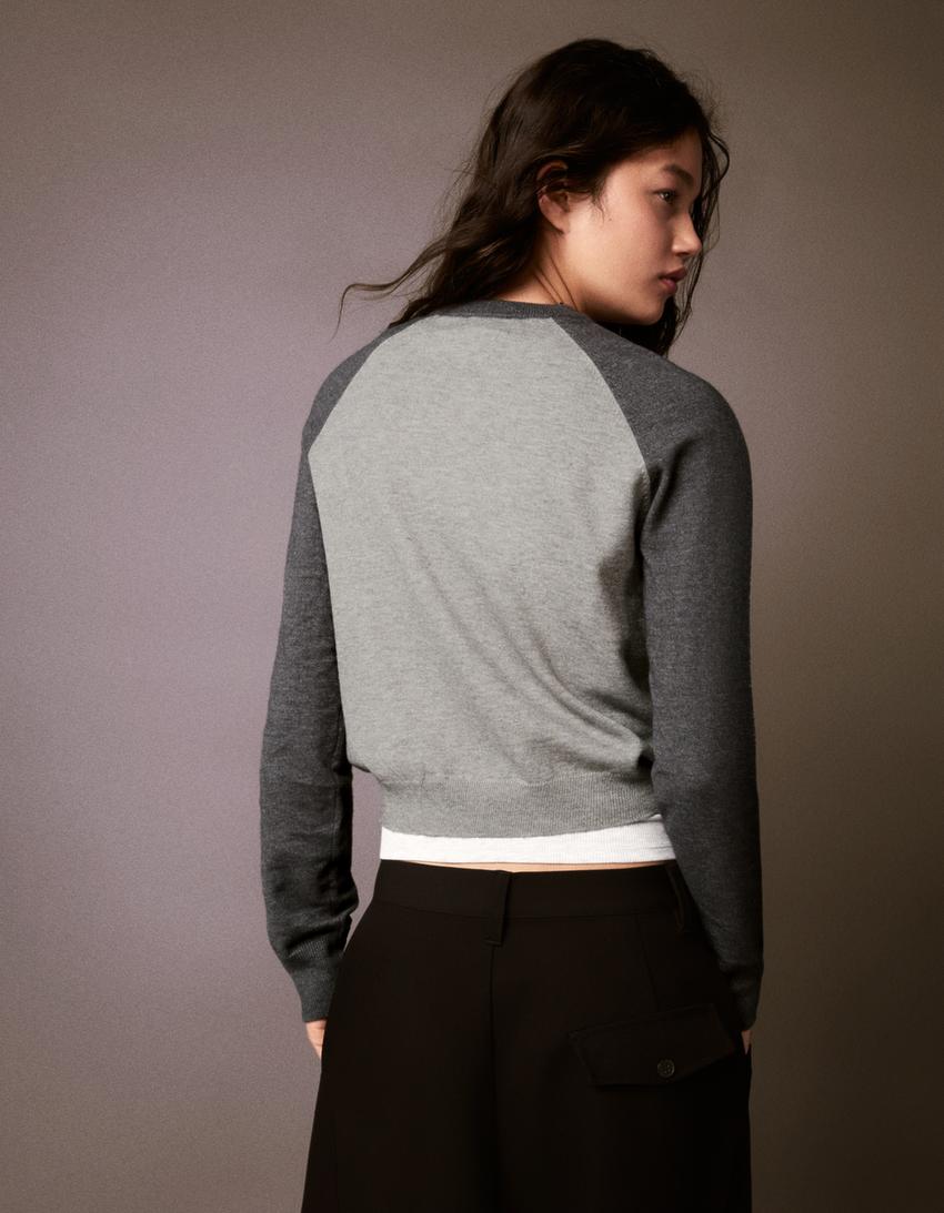 Suéter de gola redonda raglan-Cinza
