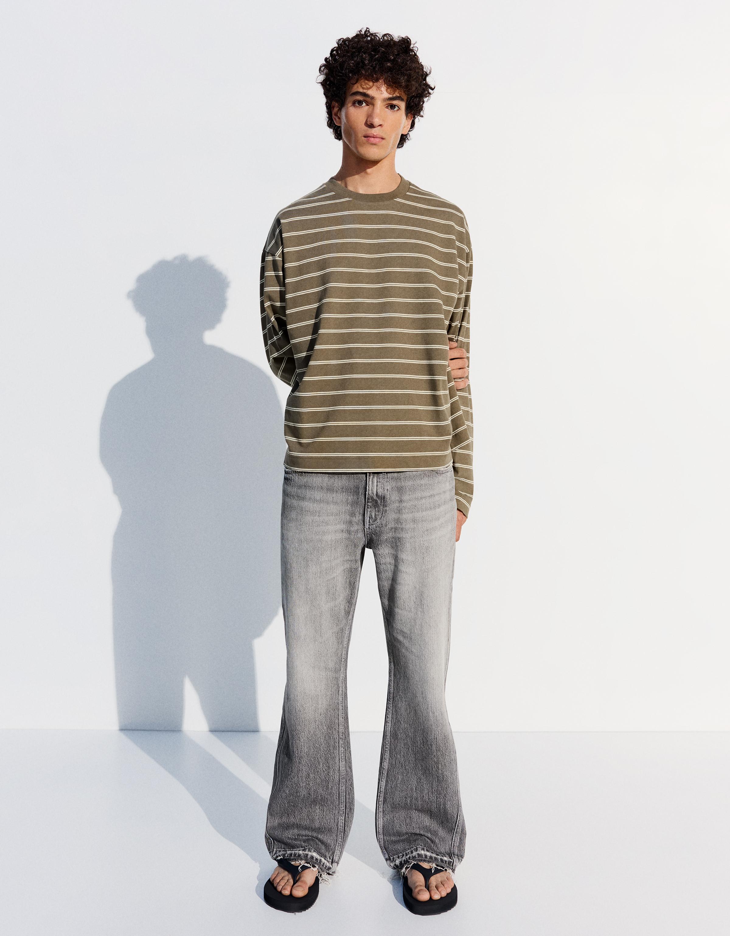 Bershka Jeans Straight Flare Hombre Gris