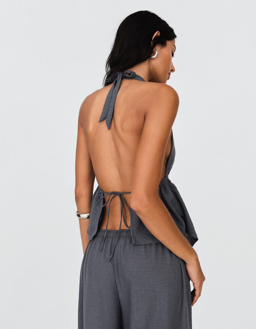 Tied halter top-Dark grey
