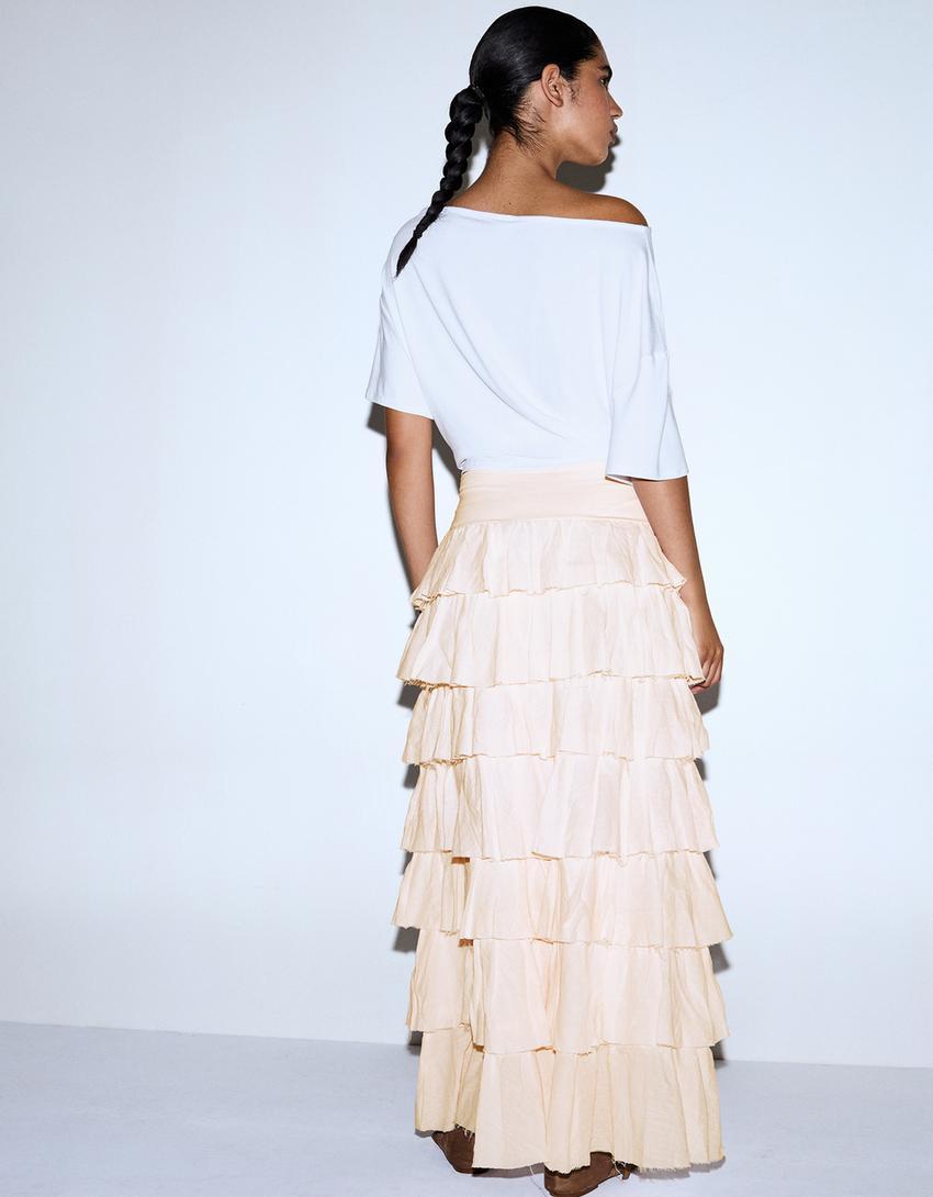 Saia midi rústica com babados-Rosa