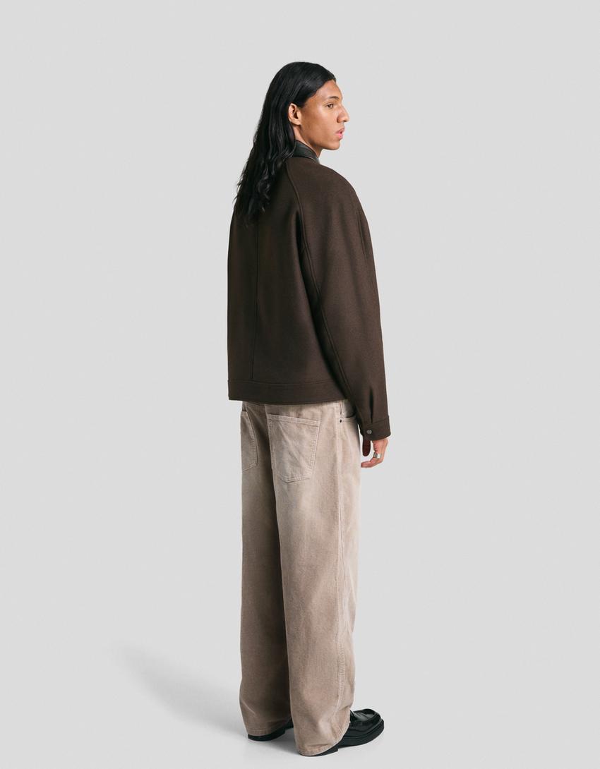 Synthetic wool jacket with contrast collar-Brown