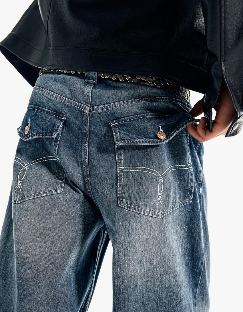 İşlemeli super baggy fit jean-Mavi