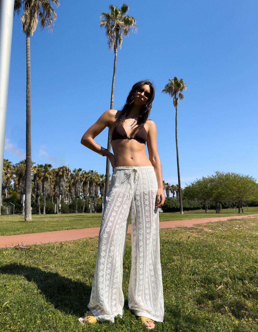 Pantalon wide leg crochet cordon-Écru-0