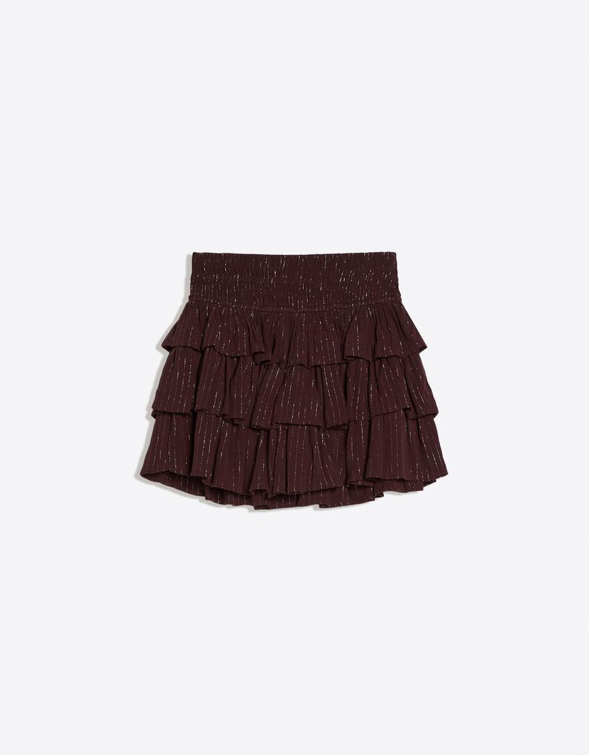 Metallic thread ruffled mini skirt-Brown