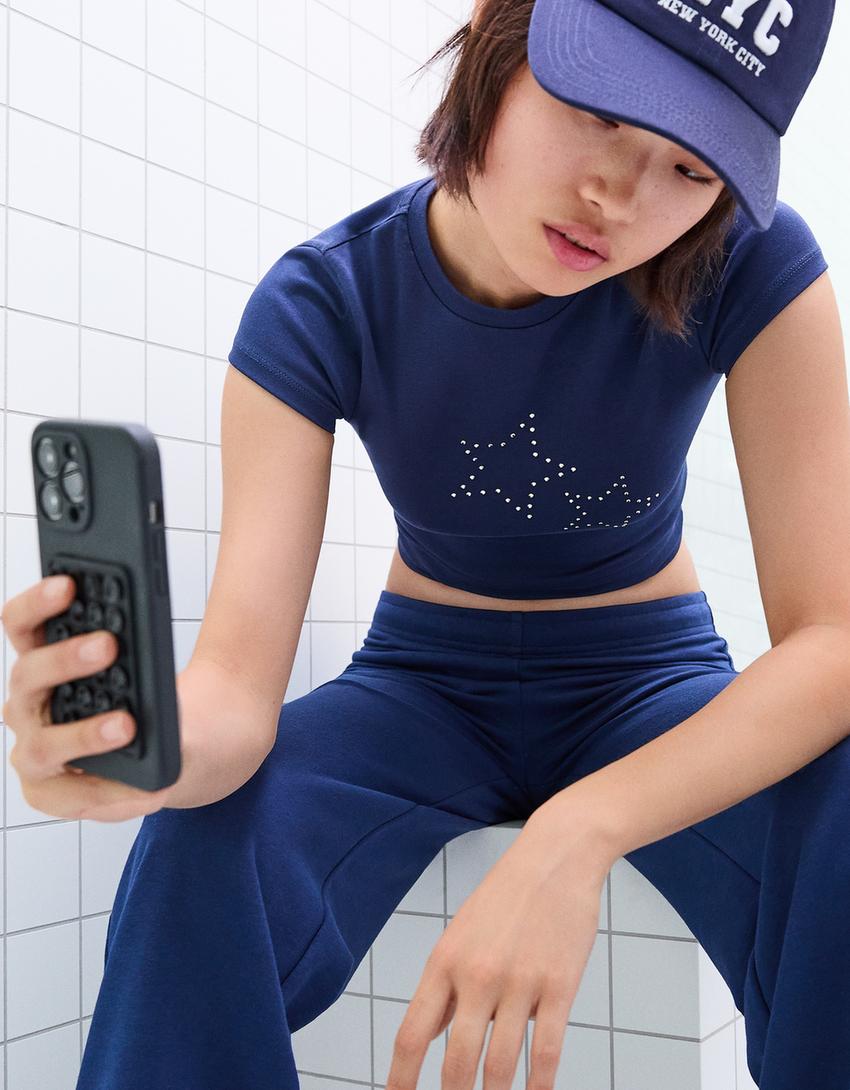 Camiseta manga corta tachas-Azul