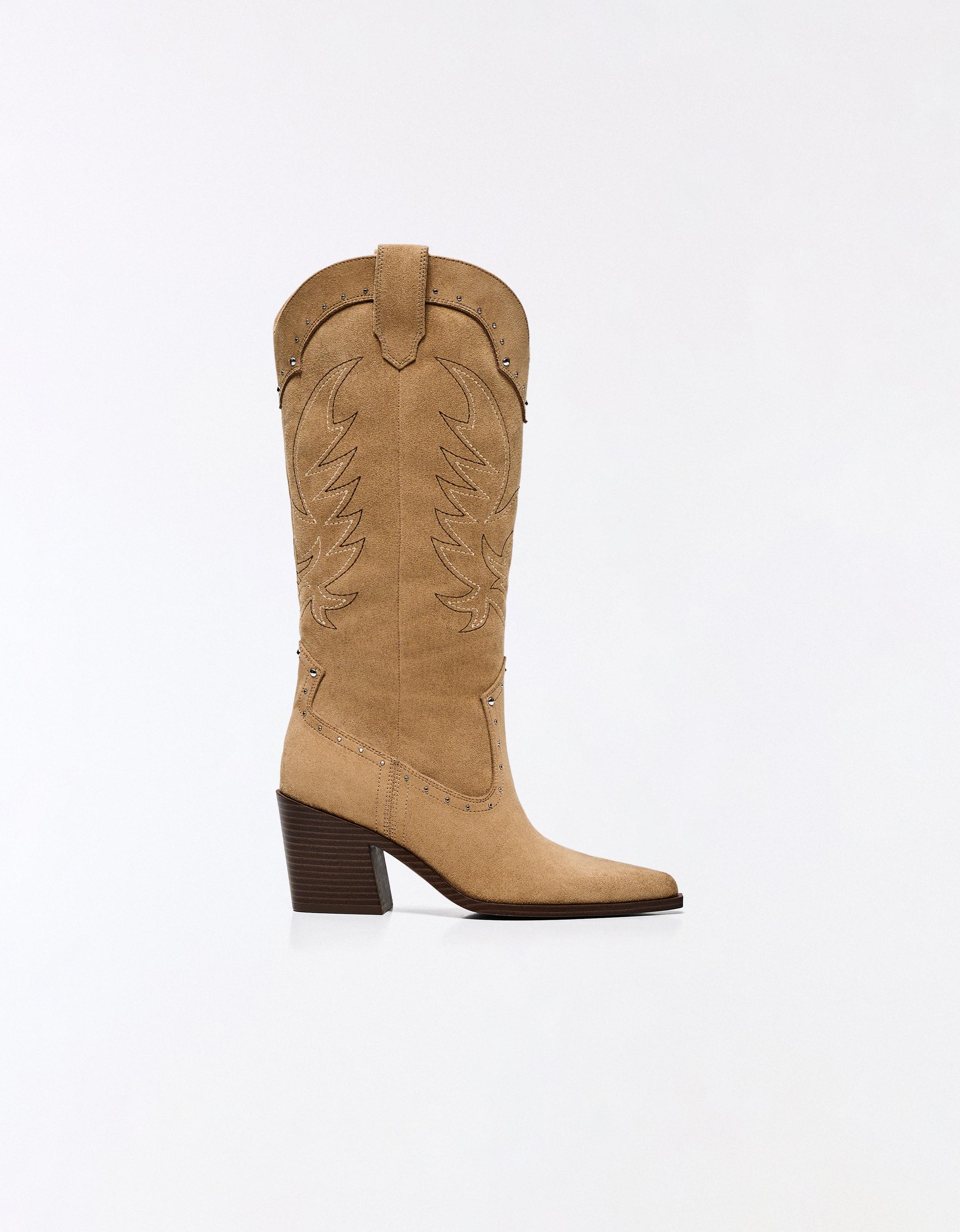 Studded cowboy heel boots — BEIGE
