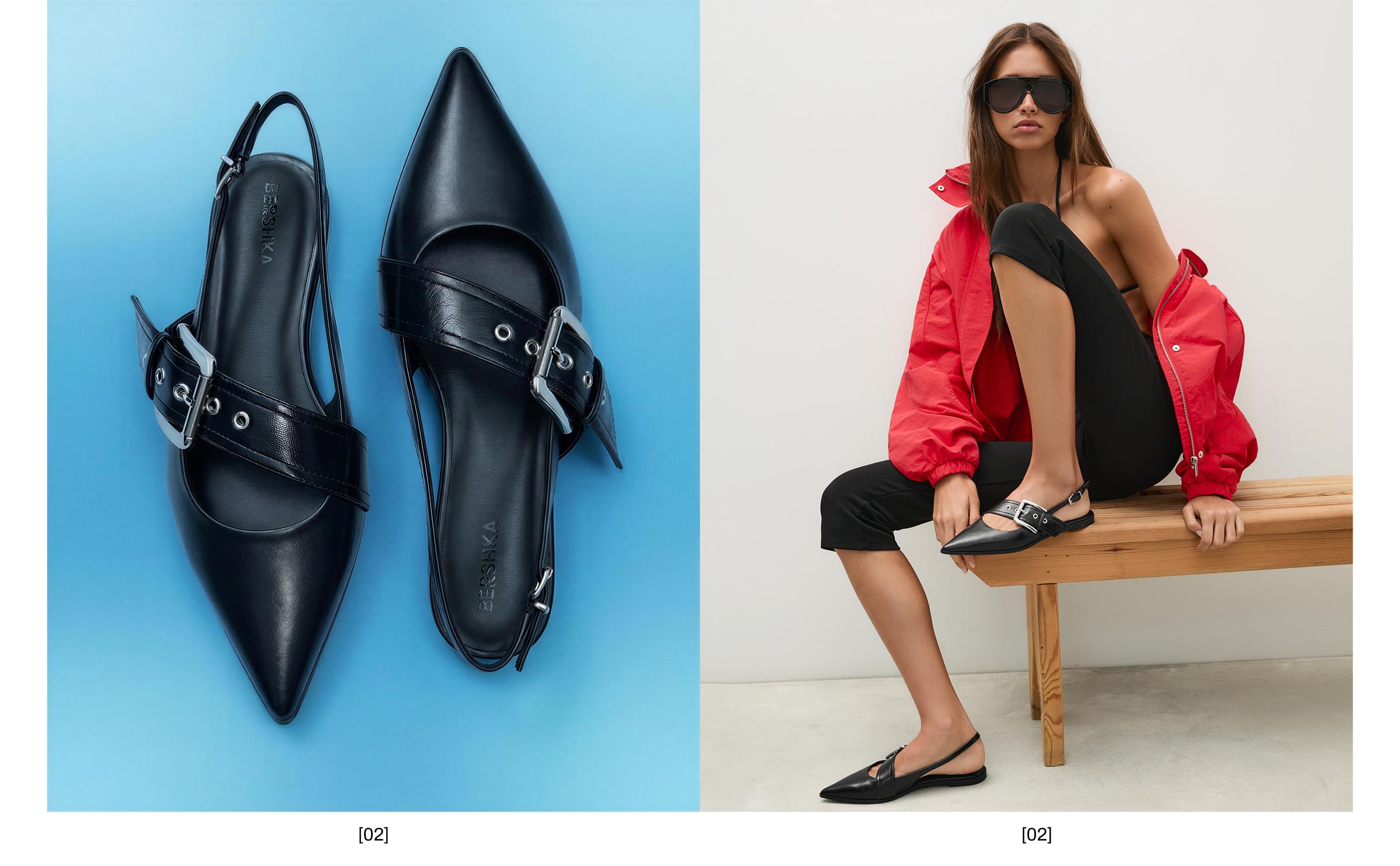 Slingback ballet flats with buckle — BLACK