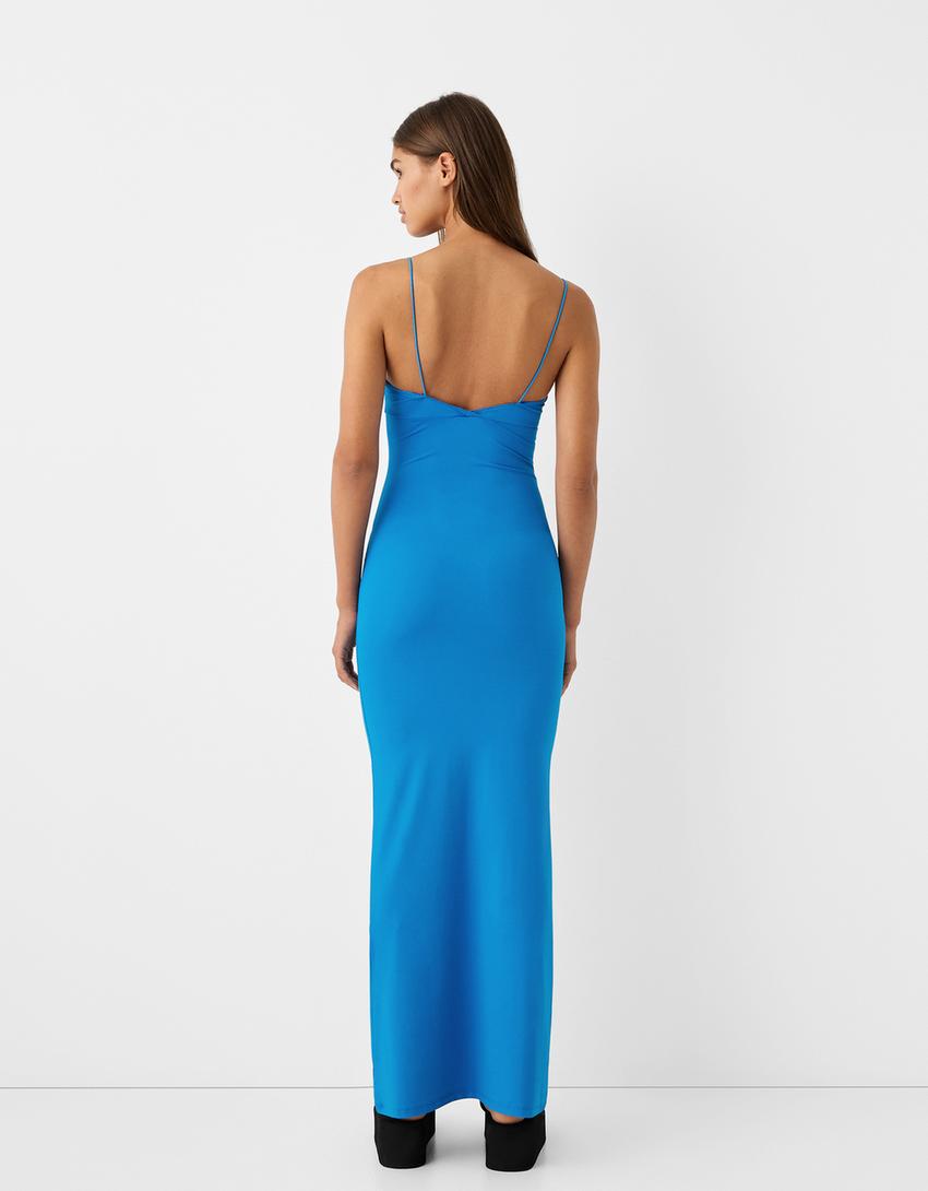 Fiyonklu askılı midi elbise-Mavi-2