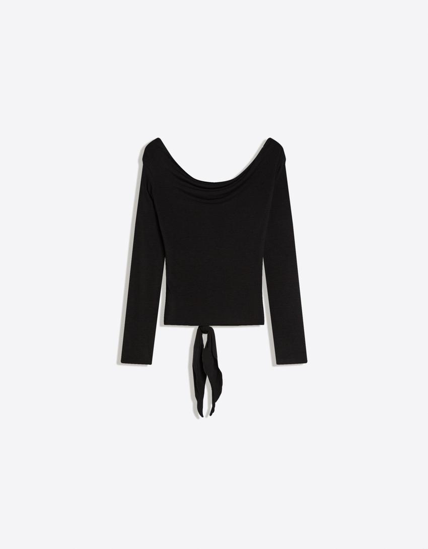 Long sleeve asymmetric tied T-shirt-Black