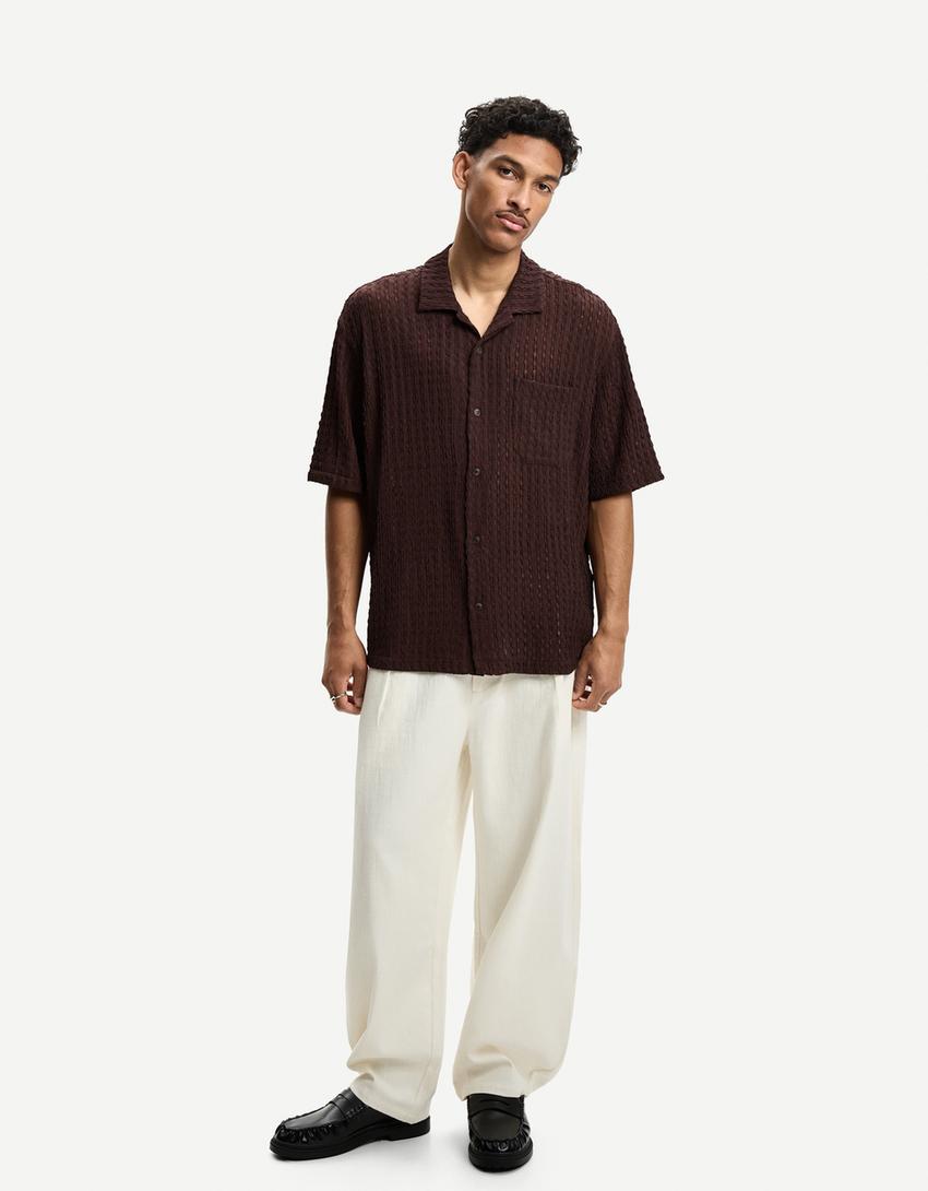 Short sleeve rustic shirt-Brown-3
