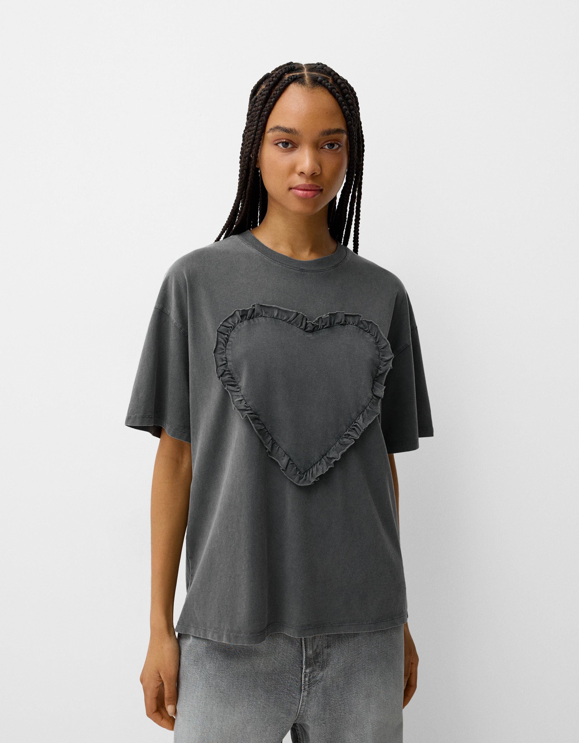 Bershka T-Shirt Washed-Look Mit Herz Damen L Grau