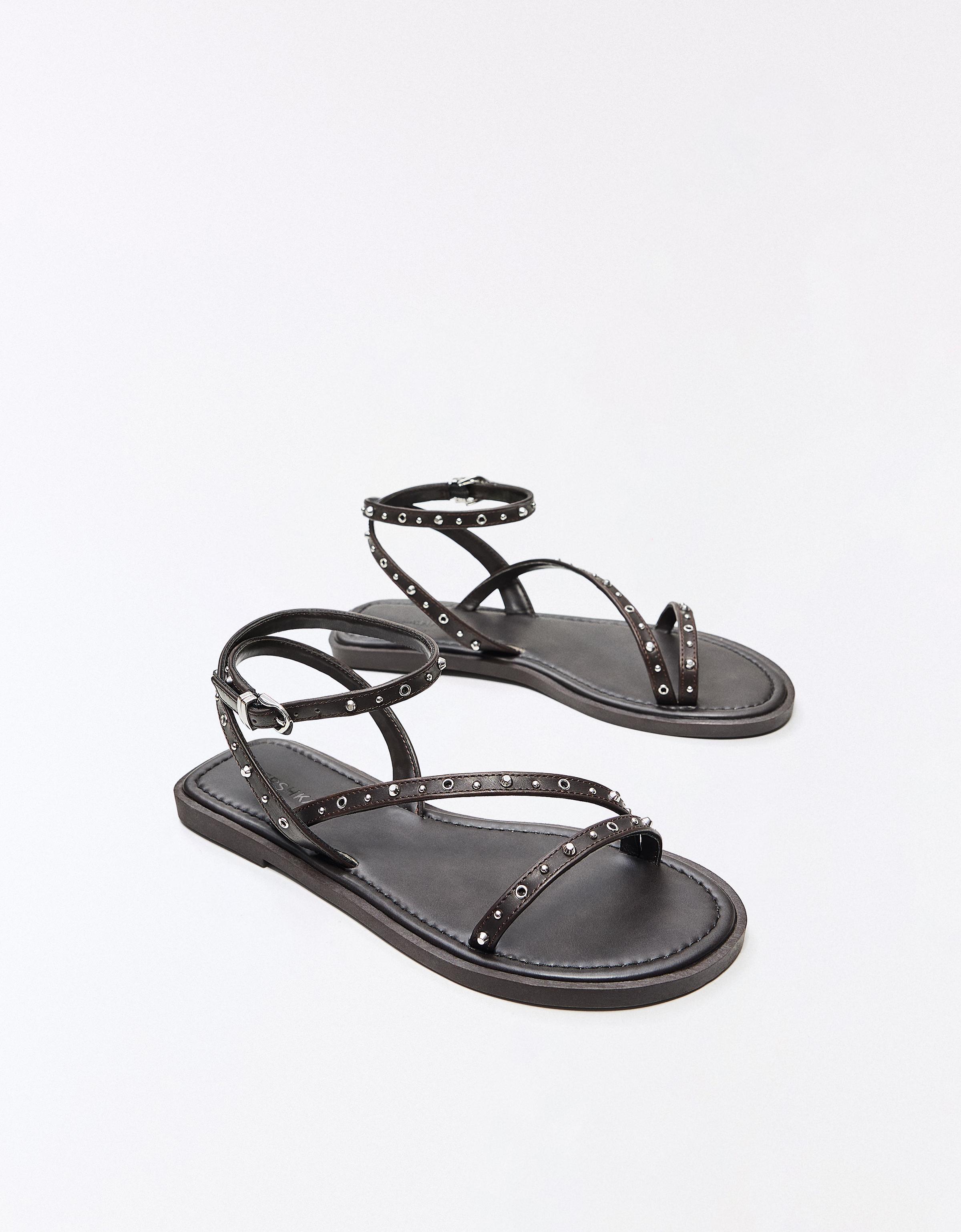 MULTISTRAP STUDDED FLAT SANDALS — Brown