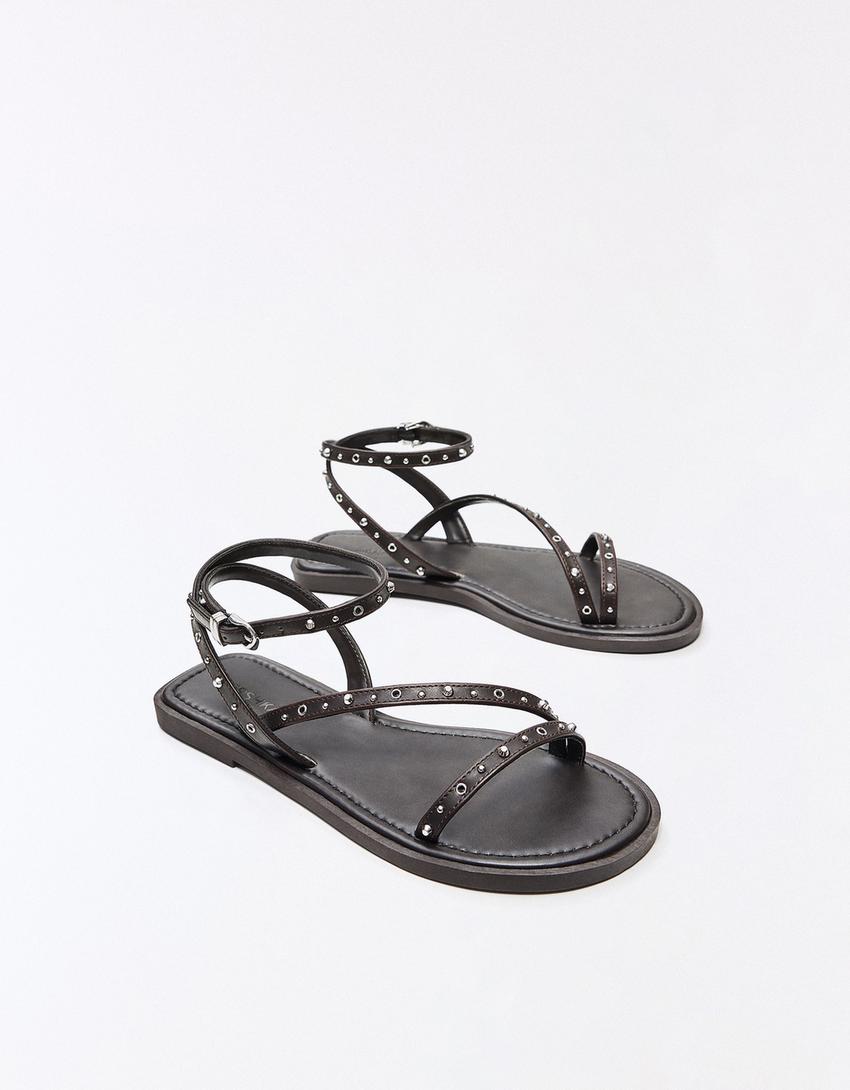Flat multi-strap studded sandals-Brown