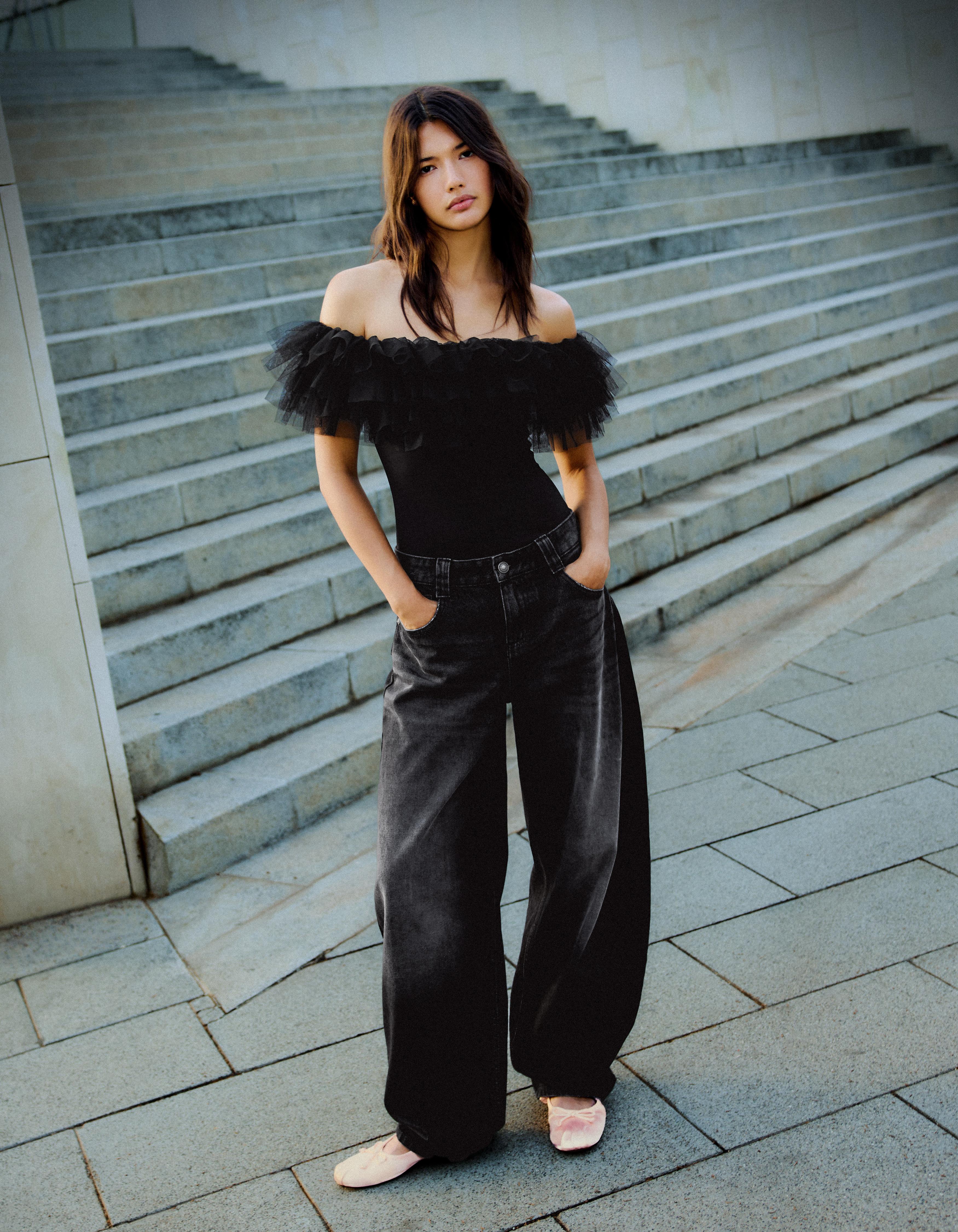 Tulle bodysuit with ruffles — Black