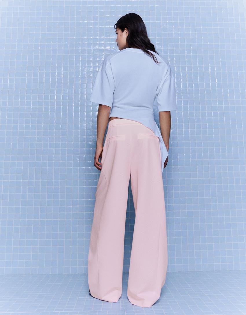 Pantalon volume double tissu-Rose