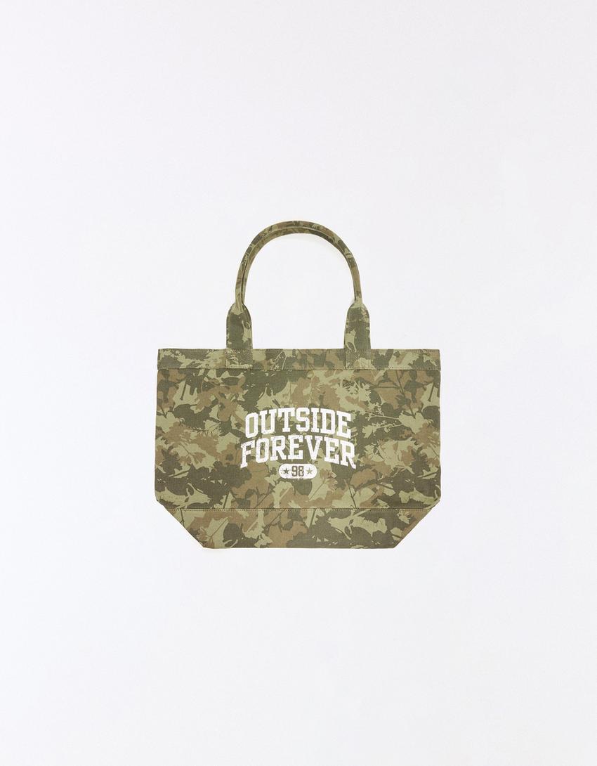 Printed twill shopper bag-Khaki