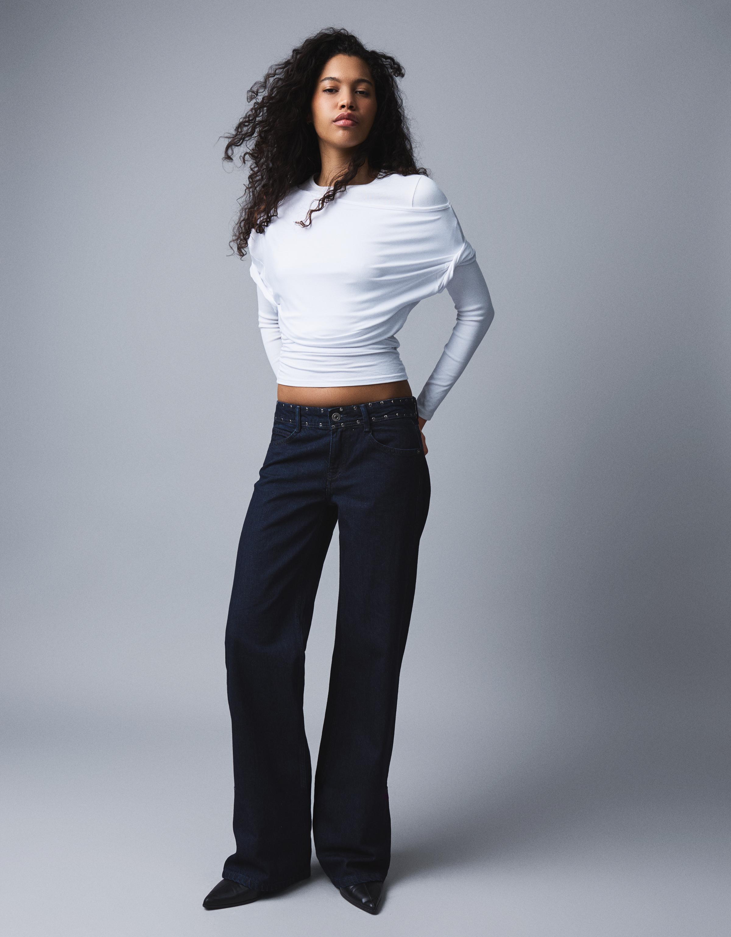 Bershka Baggy-Jeans Mit Tiefem Bund Und Nieten Damen 34 Marinenblau