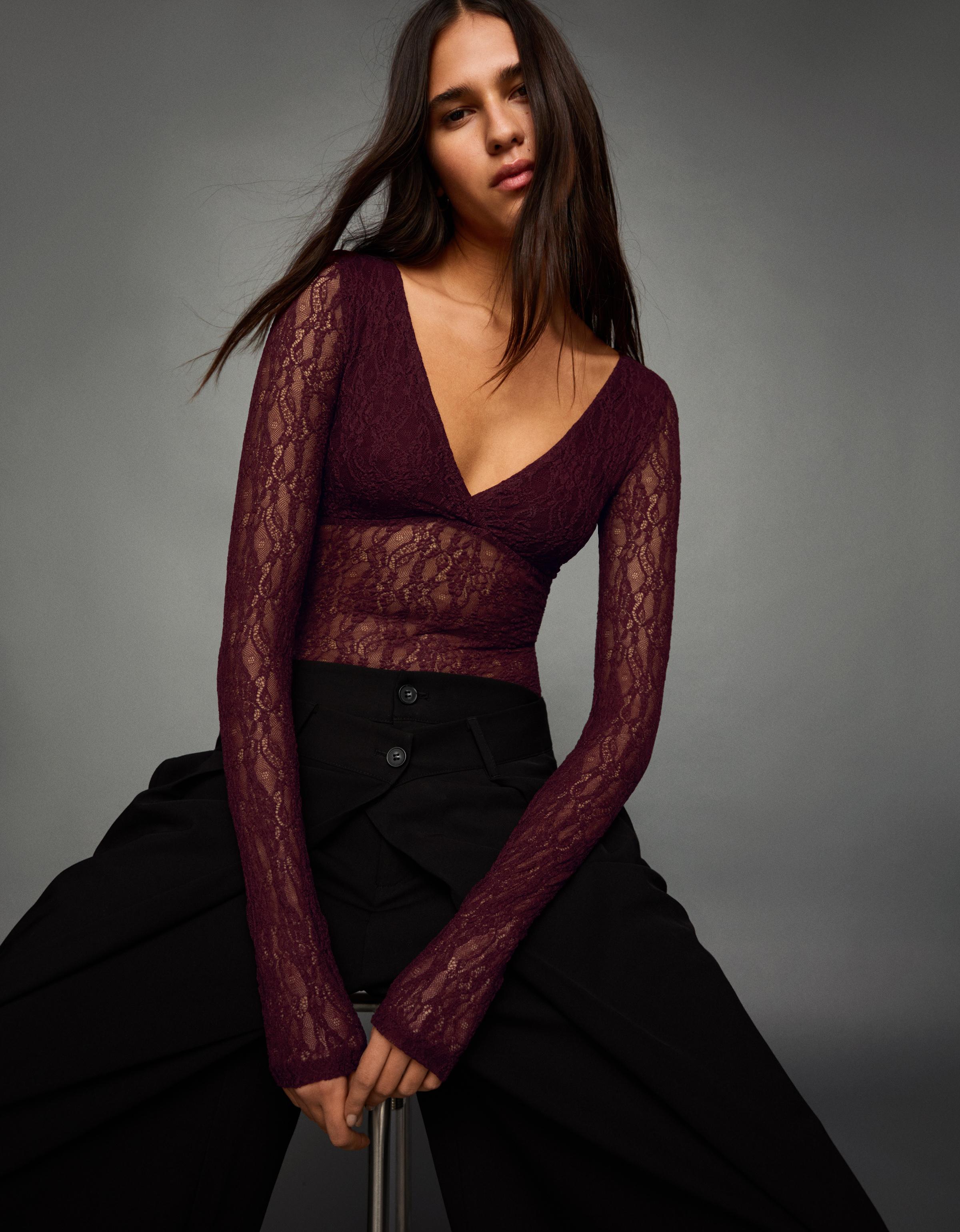 Bershka Body Mit Lange Ärmel Aus Spitze Damen S Bordeaux