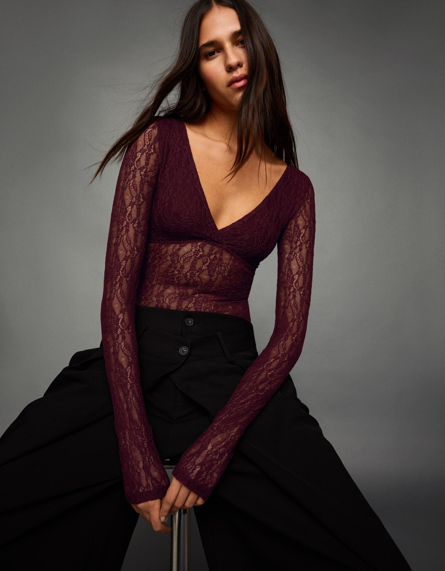 Bershka Body Maniche Lunghe In Pizzo Donna L Bordeaux