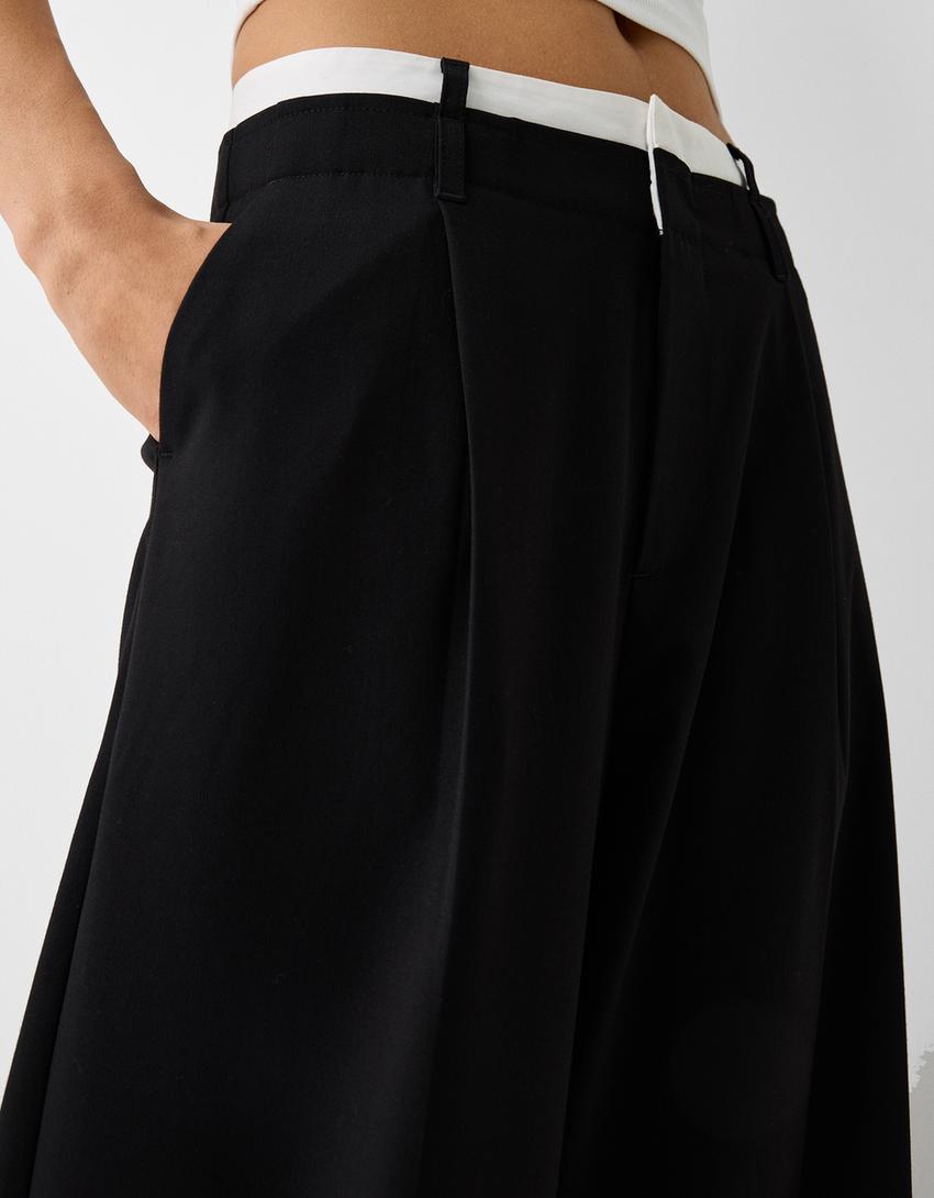 Wide-leg tailored fit trousers with contrast waist detail-Black