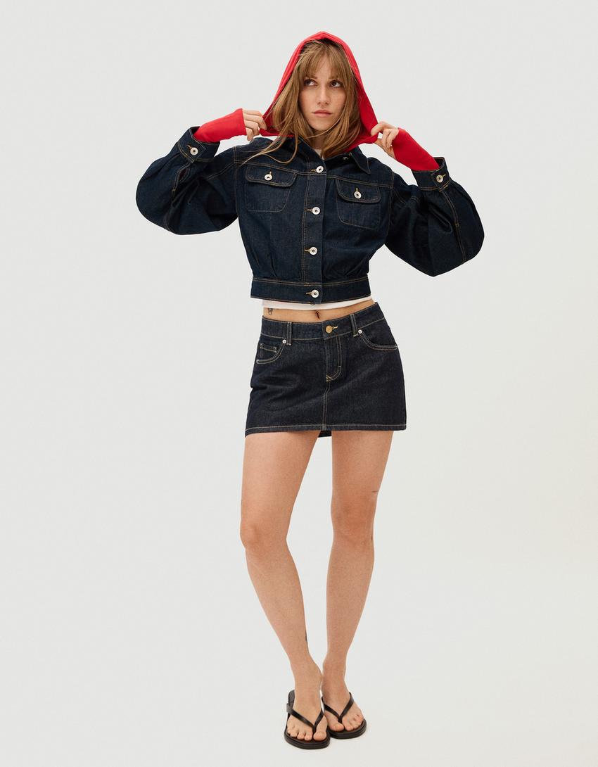 Cropped balloon denim jacket-Navy