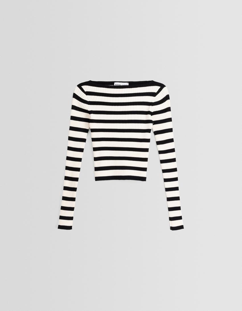 Ribbed boat neck sweater-Black