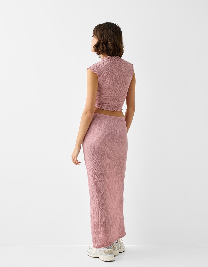 Waffle-knit top and skirt set-Pink-2