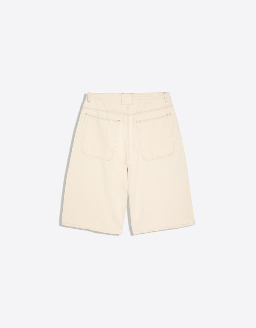 Barrel denim Bermuda shorts-Cream