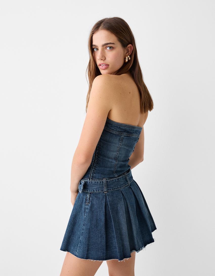 Denim bandeau mini dress with belt-Light blue