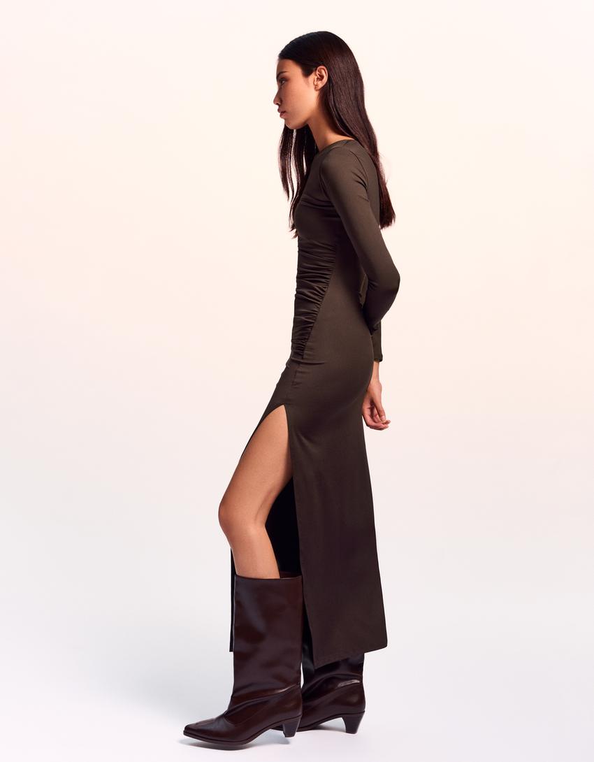 Asymmetric long sleeve midi dress-Brown