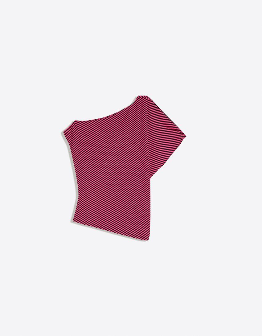 Short sleeve asymmetric print T-shirt-Fuchsia