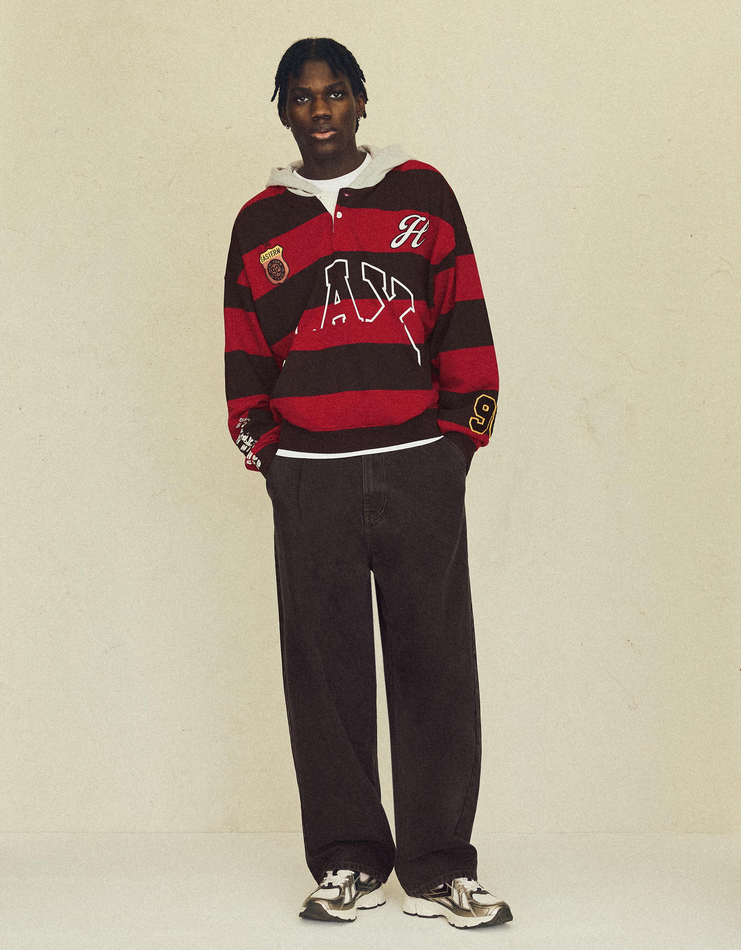 Contrast striped hood sweatshirt — Red