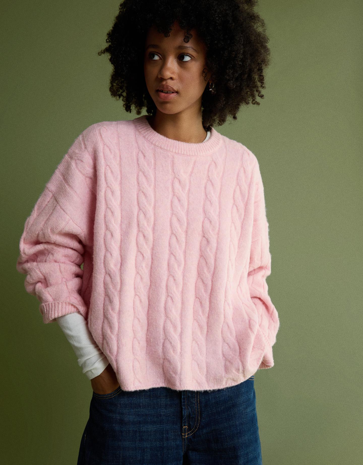 Bershka sweter ze splotem warkoczowym różowy