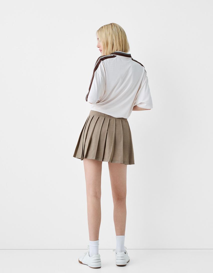 Contrast elastic poplin box pleat mini skirt-Sand