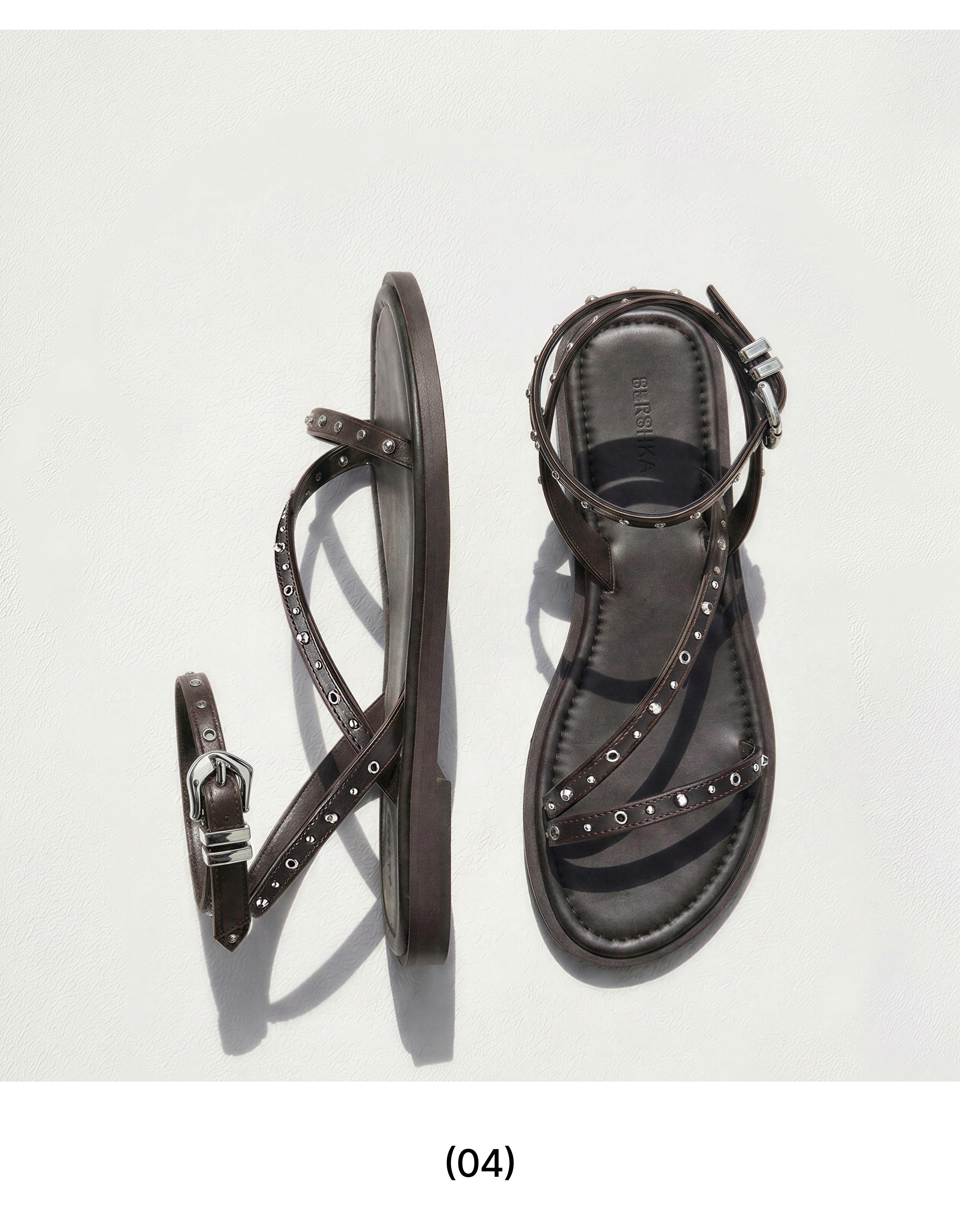 MULTISTRAP STUDDED FLAT SANDALS — Brown