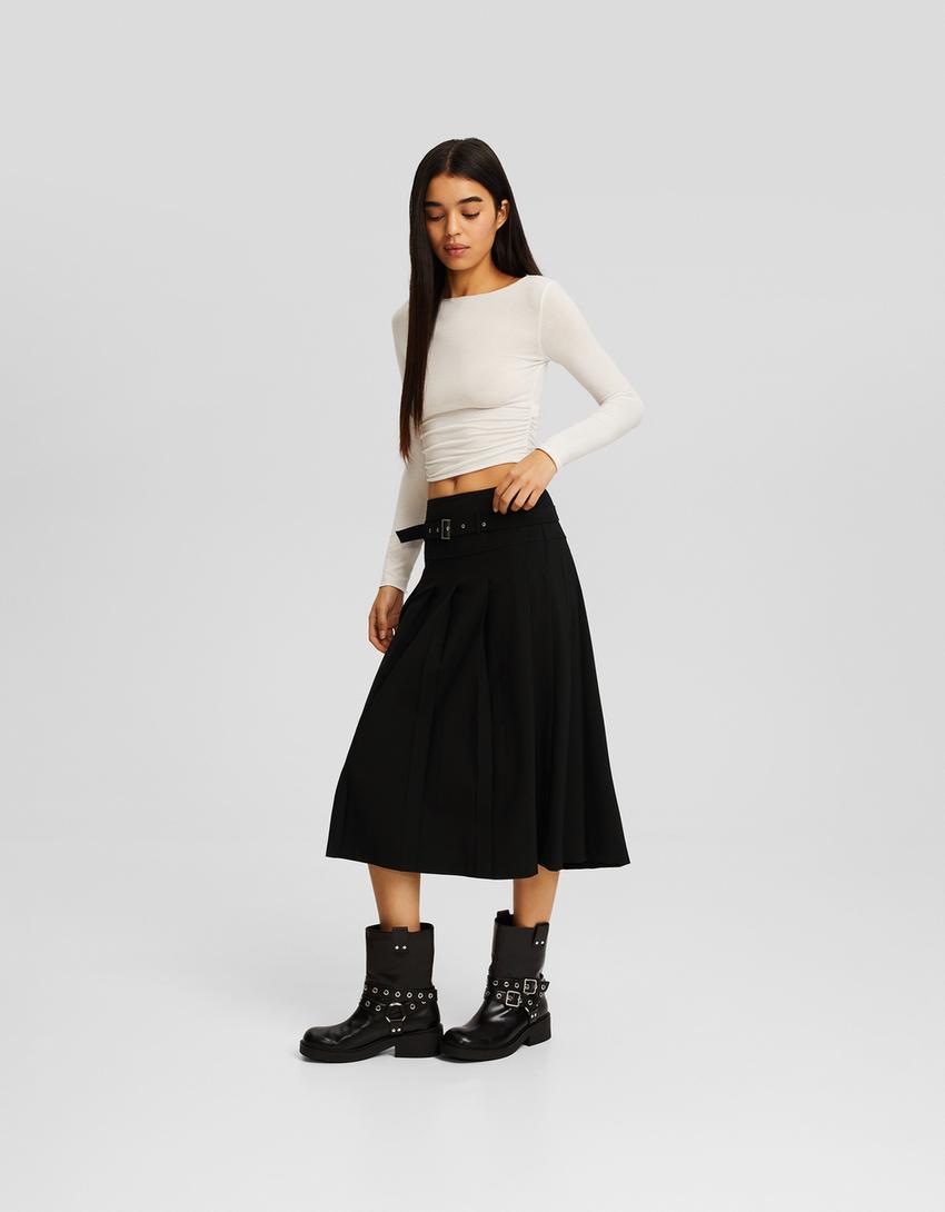 تنورة ميدي بكسرات وقصة محبوكة وحزام-أسود-1