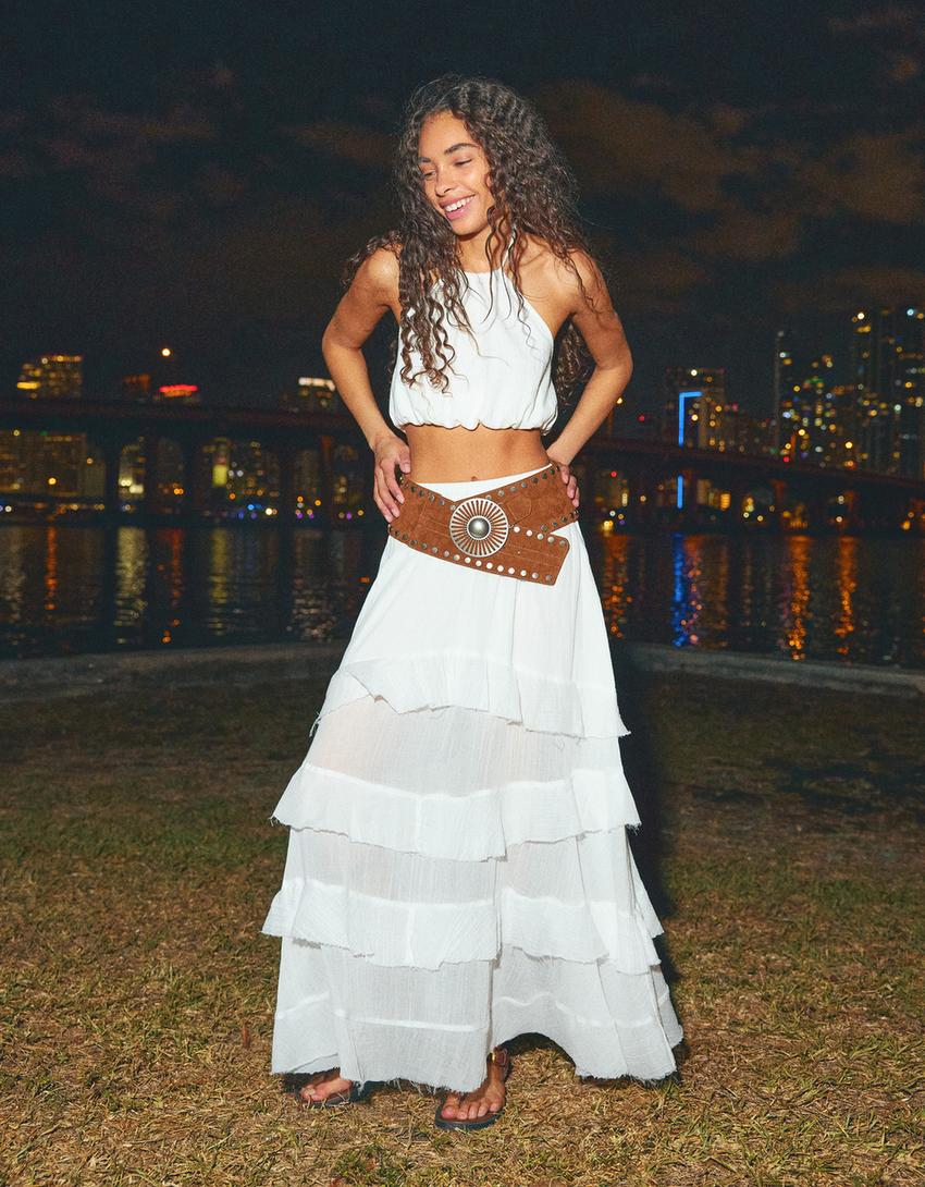 Maxi skirt with ruffles-Cream-2