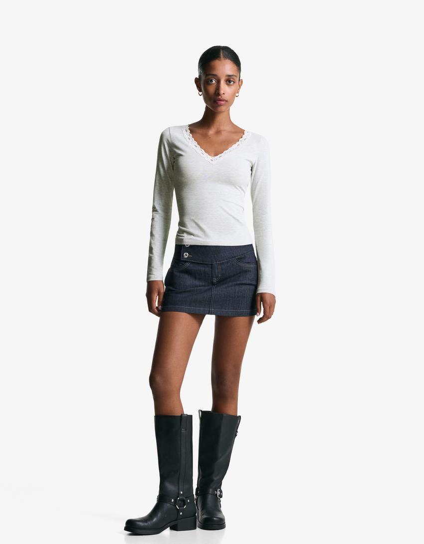 Long sleeve lace T-shirt-Grey