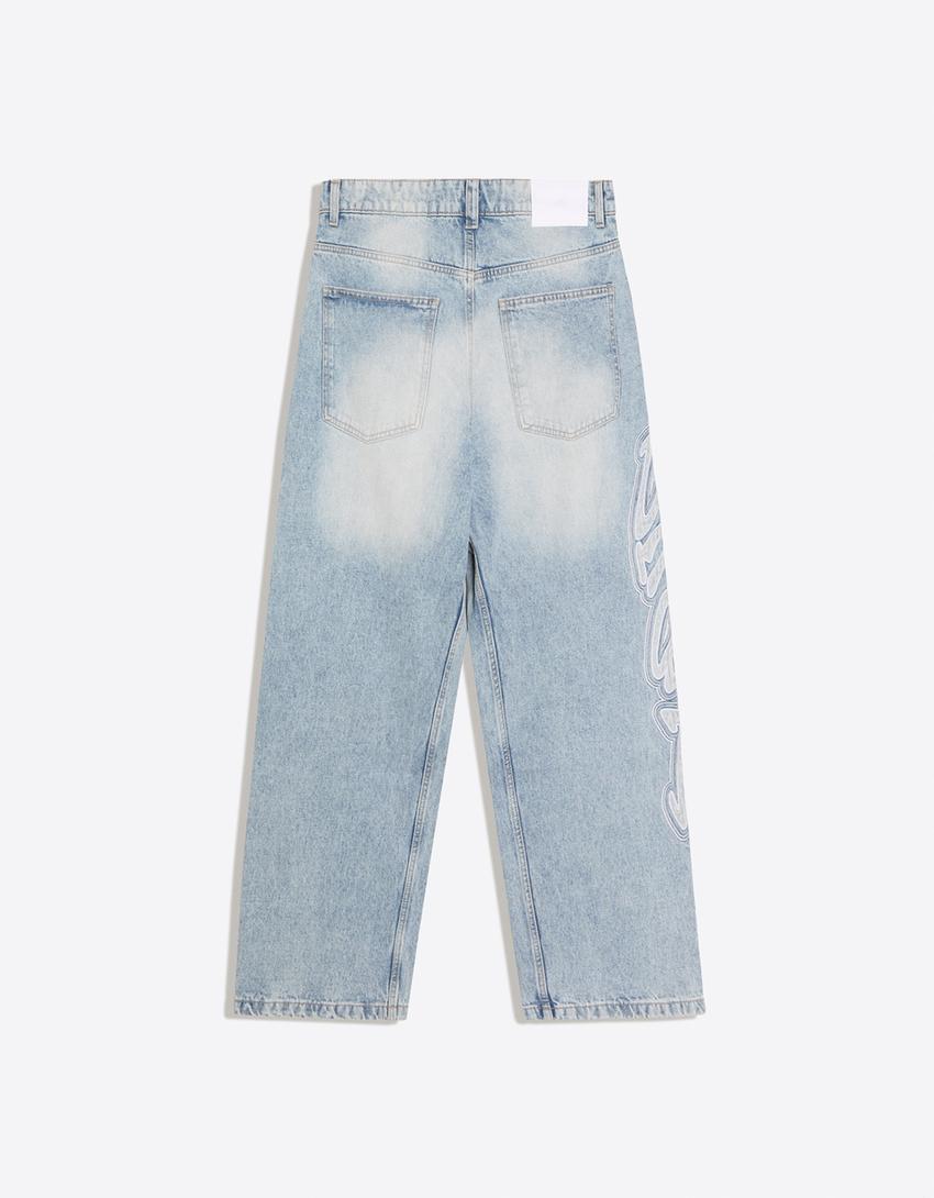 Super baggy jeans with side patches-Light blue