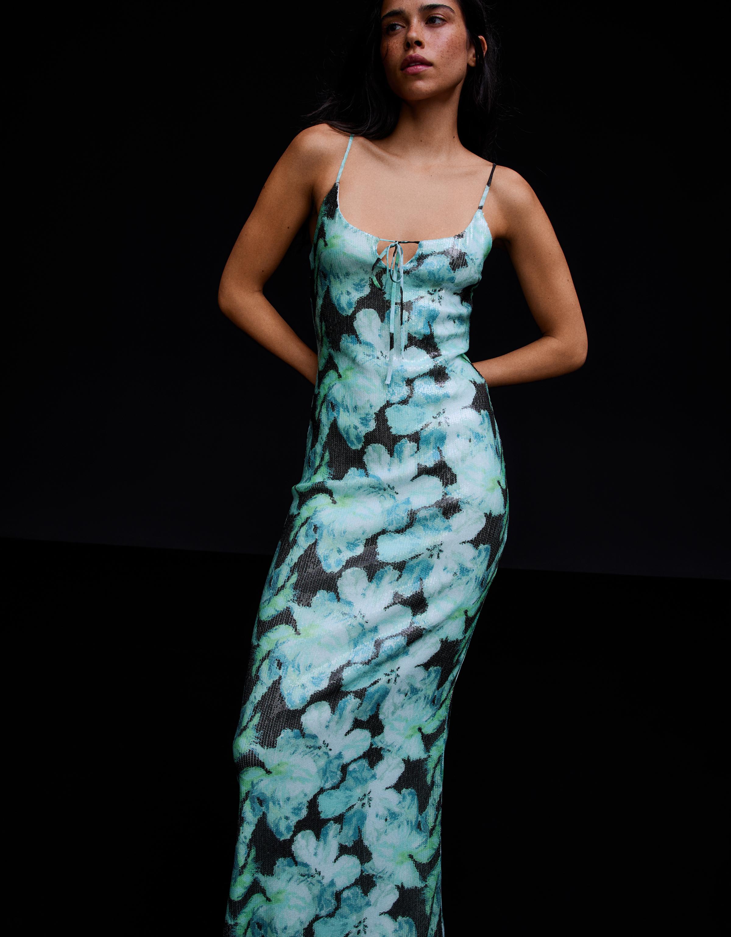 Sequin midi dress with straps — Turquoise