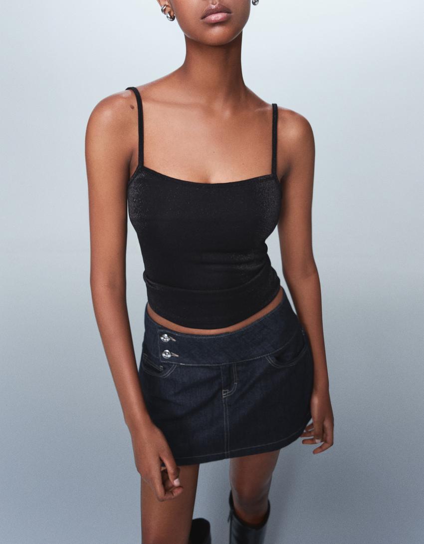 Metallic thread strappy top-Black